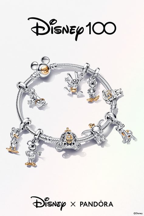 Disney Pandora Bracelet, Pandora Bracelet Charms Ideas, Pandora Charms Disney, Pandora Bracelet Designs, Disney Bracelet, Pandora Gold, Hello Kitty Jewelry, Disney Charms, Disney 100