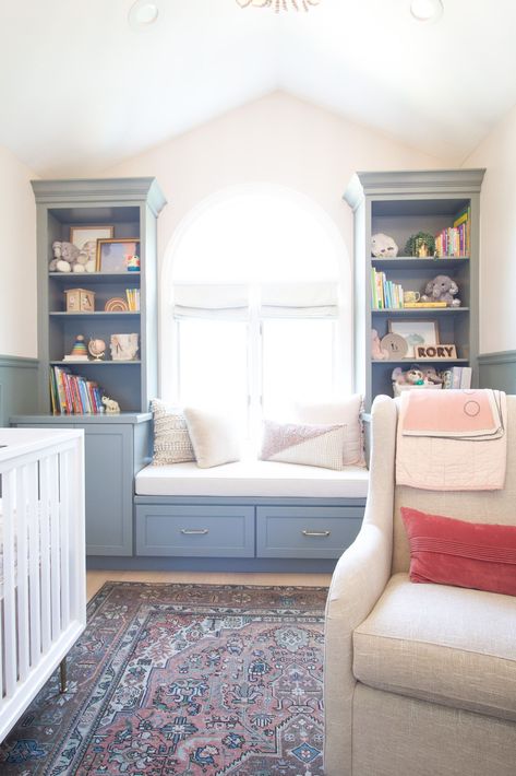 Need tips to style shelves in a nursery? I'm sharing how I make my daughter's built-ins functional, whimsical, and super cute. #nursery #shelfie #nurserydecor #stylingshelves Nursery Dresser Organization, Bedroom Built Ins, Blush Nursery, Office Built Ins, Nursery Dresser, Big Girl Bedrooms, Diy Playbook, Arched Windows, Shelf Styling