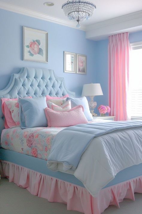 Pastel Walls Bedroom Paint Colors, Light Color Bedroom Ideas Colour Schemes, Bright Floral Bedroom, Pink And Blue Room Ideas Bedrooms, Light Teal Bedroom Color Schemes, Pink And Blue Bedroom Ideas Kids, Lilac And Blue Bedroom, Baby Blue Room Ideas, Cotton Candy Bedroom