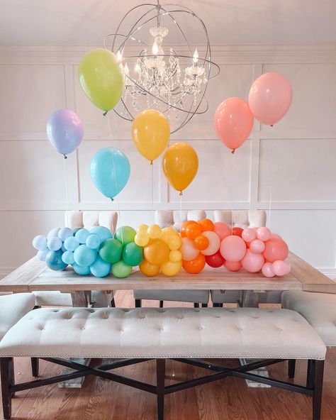 ✨ New product ✨ Balloon table runner. How cute is this?! My chandelier got in the way of these 11 inch helium balloons, but you get the… | Instagram Playroom Birthday Party, Balloon Garland For Table, Balloon Garland Recipe, Balloon Garland On Table, Straight Balloon Garland, Balloons On Table Decor, Dessert Table Balloon Garland, Balloon Arch Over Table, Table Top Balloons