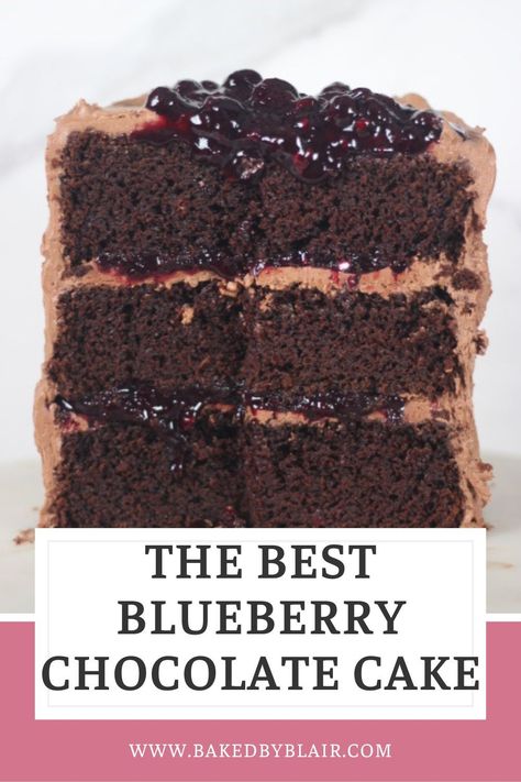 This chocolate blueberry cake is made with a rich, moist chocolate cake, fresh blueberry compote and a smooth and delicious chocolate buttercream frosting. It's the perfect combination of rich chocolate decadence and bright blueberry flavor! Chocolate Cake With Blueberry Filling, Chocolate And Blueberry Cake, Chocolate Blueberry Cake, Blueberry Chocolate Cake, Blueberry Cake Filling, Chocolate Decadence, Chocolate Blueberry, Snack Cakes, Birthday Dessert