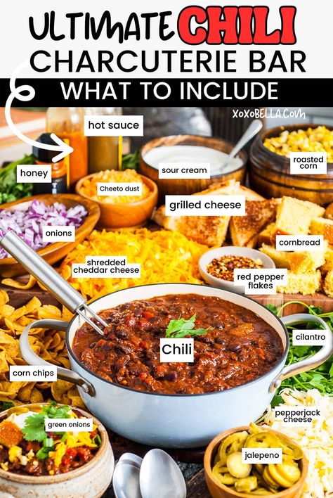 The best toppings to put on chili and chili con carne sides tend to vary from person to person, since we all have different preferences. Someone might want rice, someone else might prefer cornbread, and then some people want both! The easiest (and most fun!) way to make sure everyone can choose their own toppings and sides to make their perfect chili bowl is to make a charcuterie board offering chili sides and toppings and just let everybody make up their own bowl. Chili Night Party, Charcuterie Board Themes Party, Chili Sides Ideas, Sides With Chili, Chili Charcuterie Board, Chilli Party, Chilli Bar, Chili Charcuterie, Chili Board