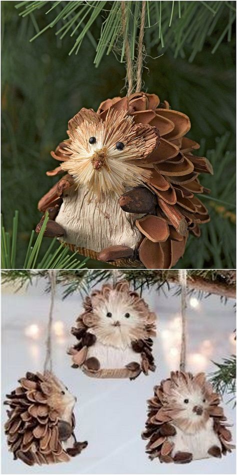 Pinecone Ornaments for Christmas - AllDayChic Pinecone Woodland Animals, Homemade Woodland Christmas Ornaments, Pine Cone Woodland Animals, Pinecone Animal Crafts, Pinecone Hedgehog Craft, Reindeer Christmas Crafts, Pinecone Creatures, Decorating For New Years, Pinecone Critters