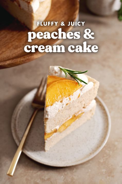 This peaches and cream cake is made with two layers of soft and fluffy chiffon cake with spiced whipped cream and fresh peaches. It's the perfect warm and cozy cake to make during peach season but it works beautifully with canned peaches as well! #peachesandcream #peach #cake #chiffoncake | teakandthyme.com Peach Mousse Cake, Peaches And Cream Cake, Peach Mousse, Spiced Whipped Cream, Peach Cake, Fresh Peaches, Peaches And Cream, Canned Peaches, Peaches Cream