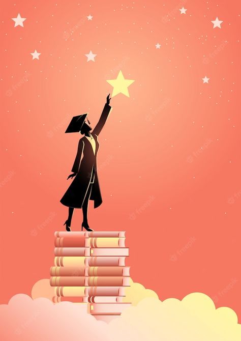 Premium Vector | Reach for the star Achievement Poster, School Poster Ideas, Educational Illustrations, Graduation Drawing, Graduation Wallpaper, Back To University, Books Graphic, Graduation Art, Star Illustration