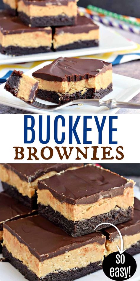 These Buckeye Brownies are amazing! Rich chocolate brownies topped with a homemade peanut butter filling and chocolate ganache. Essen, Brownies From Mix Recipes, Challenging Desserts, Sunday Treats, Buckeye Brownies, I Lost 100 Pounds, Chocolate Peanut Butter Pie, Cookie Brownie Recipe, Brownie Toppings