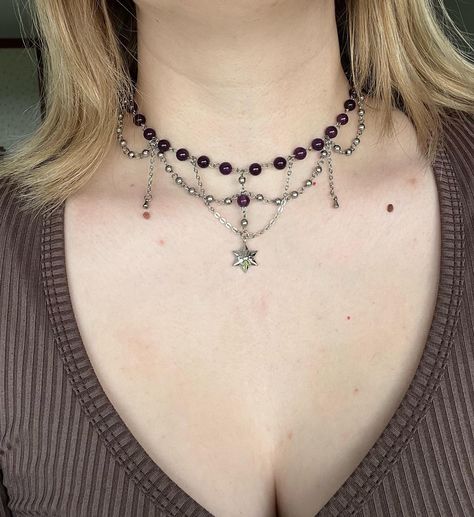 ‘Vienna’ Necklace 💜 made with amethyst beads, stainless steel beads, stainless steel findings, and stainless steel chain 34cm + 7cm extension chain available now, link in bio ✨ #explorepage #jewelry #necklace #handmade Dark Beaded Necklace, Bead And Chain Necklace, Diy Beaded Necklace, Faery Jewelry, Coquette Jewelry, Skateboard Photos, Inner Voice, Amethyst Beads, Jewelry Inspo