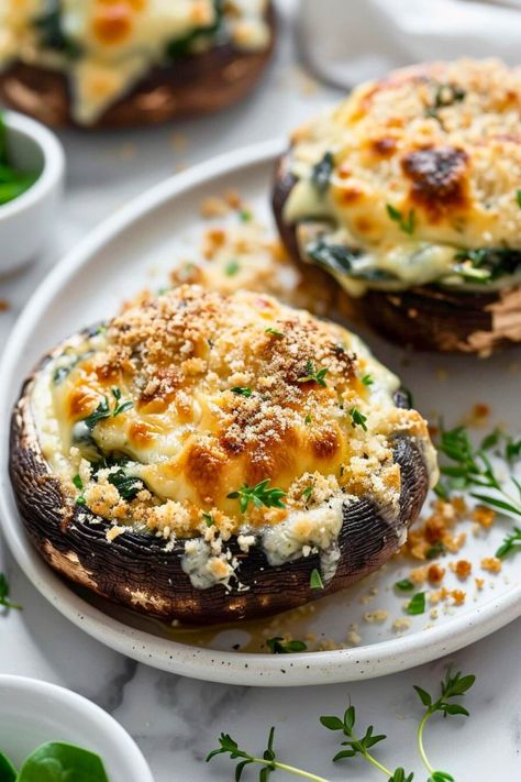 Easy Stuffed Portobello Mushrooms Recipe - Insanely Good Comfy Recipes, Stuffed Portobello Mushroom Caps, Stuffed Portabella, Vegetarian Appetizers Easy, Testy Food, Quinoa Stuffing, Spinach Filling, Portobello Mushroom Recipes, Stuffed Portobello Mushrooms