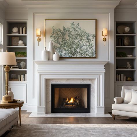 White Living Room Fireplace Ideas, Brownstone Fireplace Mantel, Decorating Ideas For The Home Living Room With Fire Place, Large White Fireplace, Living Room With A Chimney, Fire Places Ideas Living Room Classic, 9 Ft Ceiling Fireplace, Windows Both Sides Of Fireplace, Floor To Ceiling Fireplace With Built Ins