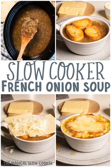 Make Slow Cooker French Onion Soup in your slow cooker. It has a rich buttery onion broth that is great with homemade croutons and cheese broiled on top. - The Magical Slow Cooker Onion Soup Crockpot, French Onion Soup Recipe Slow Cooker, Slow Cooker French Onion Soup, Crockpot French Onion Soup, Magical Slow Cooker, French Soup, The Magical Slow Cooker, Favorite Soups, French Onion Soup Recipe