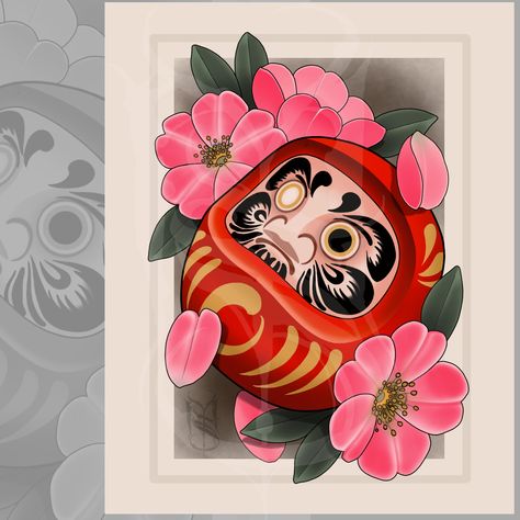 American Japanese neotraditional tattoo style Daruma doll and cherry blossoms artwork print by artist Sean Lisonbee (@sean_lazerbeam). Printed on 8x10" paper. Watermarks will not appear in final print. FRAME NOT INCLUDED. If you would like the artist to sign your print, please mention this in the "Notes" section at checkout. Japanese Neotraditional, Daruma Doll Tattoo, Tattoo Style Art, Neotraditional Tattoo, Doll Tattoo, Kunst Tattoos, Daruma Doll, Tattoo Art Drawings, Japanese Tattoo Art