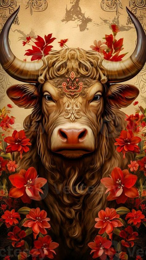 Chinese zodiac bull sign with red flowers generative AI Chinese Zodiac Art, Ox Art, Ox Chinese Zodiac, Vector Animation, Pottery Techniques, Zodiac Art, Chinese Zodiac, Ox, Bling Bling