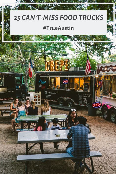 Food truck eats are a must when you visit Austin. Whether you're looking for a family-friendly food truck park or tasty late night bites on the patio at a nearby bar, here are 25 to add to your Austin dining itinerary. Food Truck Beer Garden, Outdoor Food Truck Seating, Food Truck Courtyard, Food Truck Park Ideas, Farm To Table Food Truck, Food Truck Outdoor Seating Ideas, Festival Food Truck, Best Food Truck Ideas, Food Truck Park Design Ideas