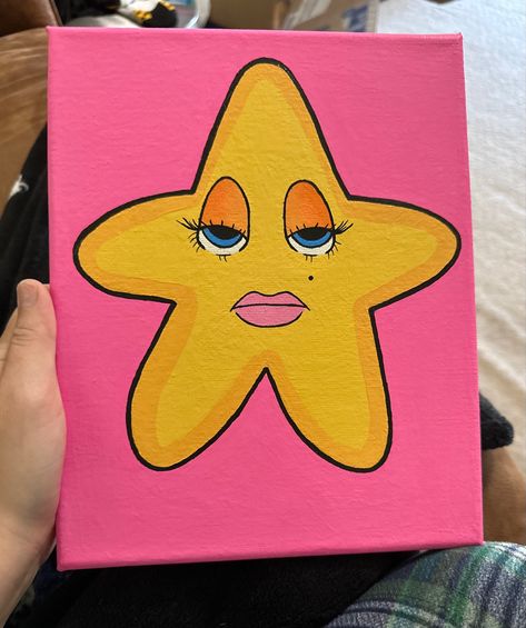 Pink and yellow star acrylic painting on canvas, easy canvas painting, cute painting, star art, sassy art, acrylic painting Star Paintings Easy, Painting Ideas On Canvas Stars, Star Canvas Painting, Star Painting Ideas, Small Painting Ideas Mini Canvas Cartoon, Girly Paintings On Canvas Easy, Cross Paintings On Canvas Y2k, Star Shaped Canvas Painting, Acrylic Art Projects