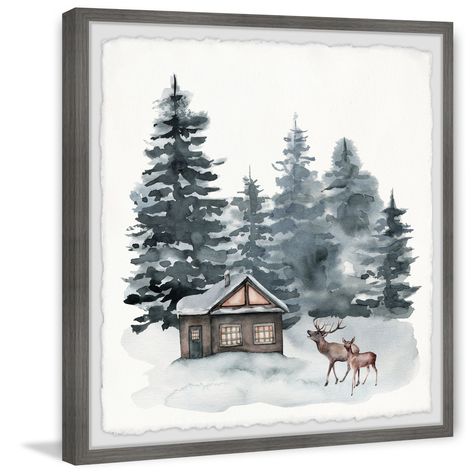 Shots Ideas, Winter Cabin, Winter Painting, Winter Getaway, Cabin In The Woods, Christmas Frames, Christmas Wall Decor, Framed Painting, Water Painting