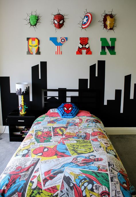 Rory Bedroom, Avengers Themed Bedroom, Design A Superhero, Superhero Theme Bedroom, Super Hero Room, Hero Bedroom, Superhero Boys Room, Spiderman Bedroom, Avengers Bedroom