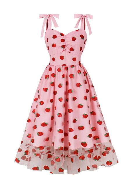 Strawberry Dress Wedding, Cute Strawberry Outfit, Cute Clothing Items, Strawberry Clothes Aesthetic, Strawberry Dress Outfit, Strawberry Dress Aesthetic, Tropical Dress To Impress, Pink Dresses Casual, Cute Pink Dresses