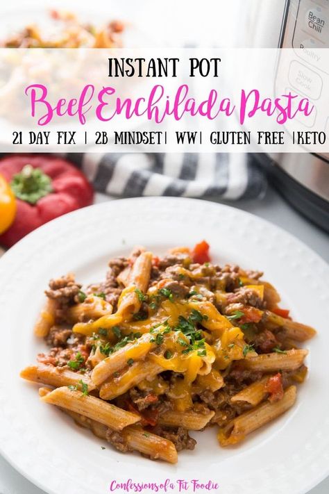 All the flavors of your favorite Beef Enchiladas, this Instant Pot Enchilada Pasta is the perfect weeknight pasta dish for the whole family!  Gluten free and 21 Day Fix Containers and WW Points included, of course!  This post contains affiliate links for products I’m obsessed with.  Welcome to my first recipe of the decade! Yikes!... Confessions Of A Fit Foodie, Enchilada Pasta, Fixate Recipes, Pastas Recipes, Instant Pot Pasta Recipe, 21 Day Fix Meal Plan, Pot Recipes Healthy, Beachbody Recipes, Healthy Tacos