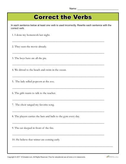 Correct the Verbs - 4th Grade through 6th Grade Worksheet Grammar Correction Worksheet, Verbs Worksheet For Grade 6, Grade 4 Grammar Worksheets, Verb Worksheets 4th Grade, 4th Grade Grammar Worksheets, Grade 5 English Worksheets Activities, 4th Grade English Worksheets, 5th Grade English Worksheets, 6th Grade English Worksheets