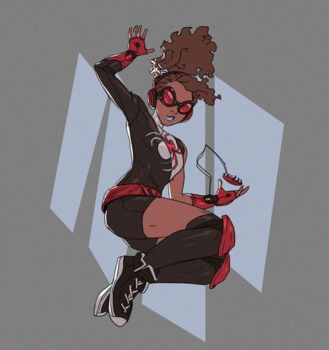 Spider Man Design Art, Spider Man Into The Spider Verse Oc, Spider Woman Suit Ideas, Miles Morales Sister, Spider Man Oc Ideas, Spider Man Designs, Spider Sonas Drawings, Spider Man Oc Art, Spider Sonas Poses