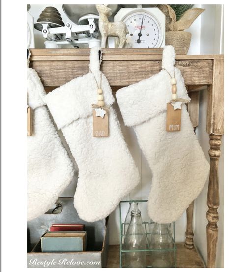 White Christmas Stockings Diy, Sherpa Christmas Stocking, Sherpa Sewing Projects, Diy Christmas Stocking Tags, Stocking Diy Ideas, Stocking Christmas Decor, Homemade Stockings Christmas Diy, White Christmas Stockings Ideas, White Stockings Christmas