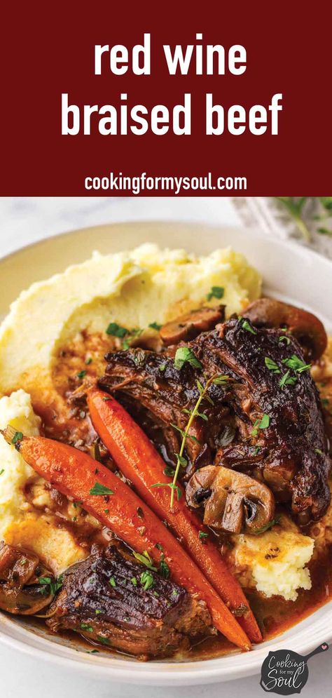 Red Wine Braised Beef! This oven braised beef with red wine is the ultimate fall and winter comfort food! It's tender, juicy, and so flavorful. Red Wine Recipes Cooking, Red Wine Braised Beef, Wine Braised Beef, Cooking With Red Wine, Dutch Oven Roast Chicken, Braised Beef Recipes, Braising Recipes, Red Wine Beef, Oven Pot Roast