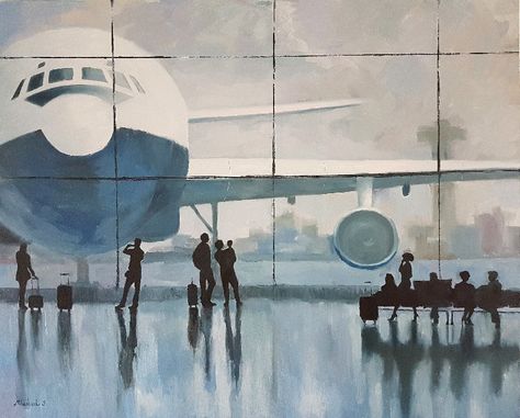 Airport Painting Art, Airport Artwork, Airport Painting, Airport Illustration, Plane Painting, Scratchboard Art, Airplane Art, Diy Watercolor Painting, Painting Media