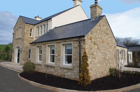 Render And Stone Exterior, Stone And Render House Exterior, Sandstone Exterior Houses, Sandstone House Exterior, Self Build Houses Ireland, Modern Farmhouse Bungalow, House Exterior Ireland, Stone Garage, Stone Front House