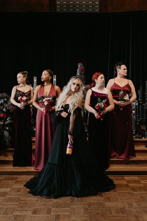 Emo Bridesmaid Dresses, Gothic Bridal Party, Fancy Proposal, Red Black Wedding Theme, Gothic Bridesmaid Dresses, Goth Wedding Party, Halloween Bridesmaid Dress, Emo Wedding, Gothic Bridesmaids