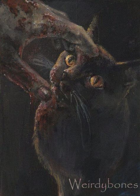 Cat Horror Art, Creepy Oil Painting, Creepy Cat Aesthetic, Scary Black Cat Art, Gothic Cat, Midevil Cat Paintings, Cat Eating, Canvas Acrylic Painting, Creepy Cat