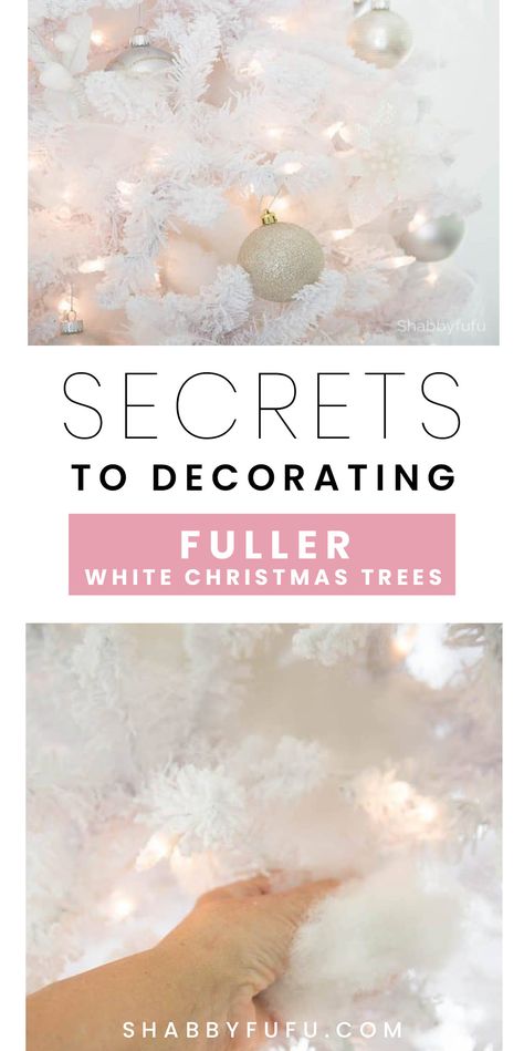 White Xmas Trees Decorated, Farmhouse White Christmas Tree, White Fur Christmas Decor, All White Flocked Christmas Tree, Decorate White Christmas Tree Ideas, White Christmas Tree With Silver Decor, Rustic White Christmas Decor, Simple White Christmas Tree Ideas, Fake White Christmas Tree