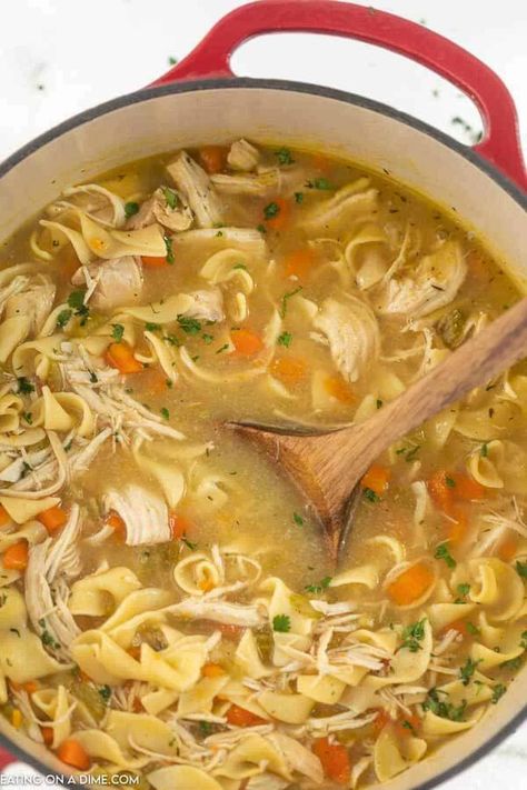 Enjoy Panera bread chicken noodle soup at home for a fraction of the price and save time too.  We love it with grilled cheese for a quick meal. Crockpot Soup Recipes Chicken Noodle, Damn Delicious Chicken Noodle Soup, Garlic Chicken Noodle Soup, Zupas Chicken Noodle Soup, Easy Stove Top Chicken Noodle Soup, Chicken Noodle Soup Ina Garten, Crockpot Chicken Soup Healthy, Chicken Noodle Soup Made With Rotisserie Chicken, Rotisserie Chicken Chicken Noodle Soup