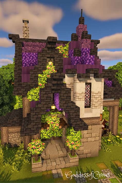 Fairycore Minecraft Base Fairy Town Minecraft, Minecraft Houses Purple, Minecraft Fairycore Builds, Minecraft Amethyst House, Fairy Cottage Minecraft, Witch House Minecraft, Minecraft Beautiful House, Fairycore Minecraft, Minecraft Fairycore