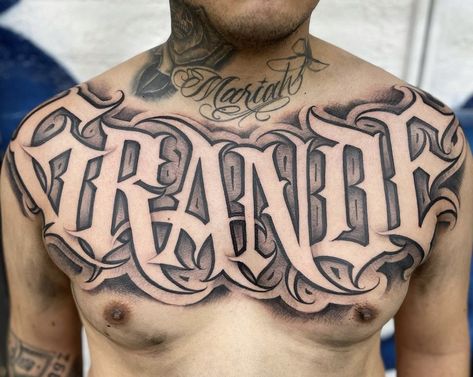 Chest Tattoo Men Lettering, Stomach Script Tattoos Men, Mexican Lettering Tattoo, Chest Font Tattoo, Chest Letter Tattoo, Chest Lettering Tattoo Men, Armpit Tattoo For Men, Chest Lettering Tattoo, Chicano Tattoo Font