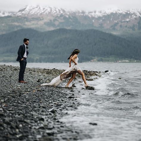 Wedding In Water, Adventurous Wedding, Alaska Wedding Dress, Hikers Wedding, Alaskan Wedding Ideas, Wedding Photos In Water, Alaska Weddings, Seaside Photography, Wedding Lake