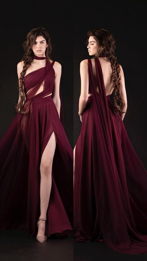 Red Greek Goddess Dress, Dionysus Inspired Outfit, Acotar Inspired Outfits, Red Goddess Dress, Ethereal Dress Goddesses, Golden Prom Dress, Persephone Dress, Greek Goddess Dress, Dramatic Dresses