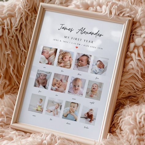 Minimalist First Birthday Photo Sign Template, Editable 1st Birthday Photo Poster, Printable Baby's First Year Photo Poster Template One Year Photo Collage, 1 Year Photo Display First Birthday Parties, First Birthday Photo Display, First Birthday Frame, Minimalist First Birthday, Birthday Photo Displays, 2nd Birthday Pictures, One Year Pictures, First Birthday Presents