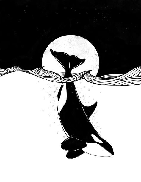 Orca night bath, on ArtStation at https://www.artstation.com/artwork/5BvyxW Black And White Ocean Art, Orca Whales Art, Orca Embroidery Pattern, Orcas Drawings, Orca Whale Illustration, Orca Art Drawing, Linocut Orca, Orca Whales Drawing, Orca Painting Easy