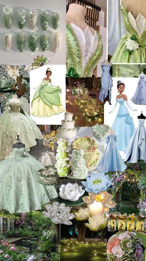 princess and the frog themed party Quince Decorations Ideas, Disney Inspired Wedding Dresses, Tiana Wedding, Princess Sweet 16, Quince Themes, Disney Princess Wedding, Quinceanera Themes Dresses, Quinceanera Photoshoot, Wedding Wishlist