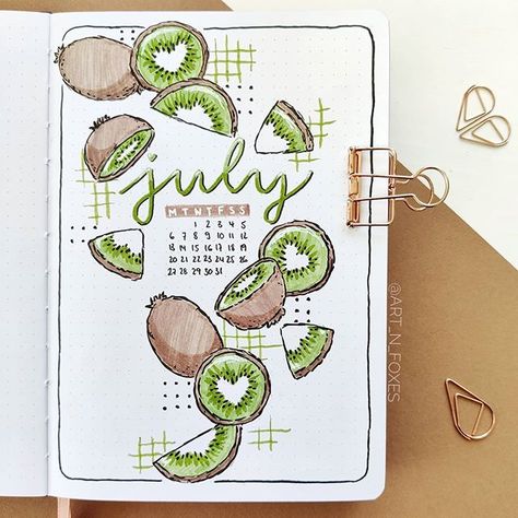 This is such a beautiful kiwifruit bujo design by artist @art_n_foxes on IG.   ✏Stationery weekly sale🔥 like brush pens, marking pens🖍 and pencil cases👝 for just fraction of price🛒💨🏃‍♀️. Visit ALotMall.com👇   🔖#bujojuly #bujocover #bujoinspiration #alotmall July Bullet Journal Ideas, July Bullet Journal, May Bullet Journal, Bullet Journal Month, Kalender Design, Creating A Bullet Journal, Bullet Journal Cover Ideas, Bullet Journal Paper, Bullet Journal Notes