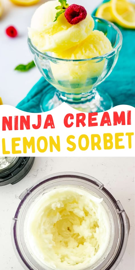 Spring and summer just aren’t complete without delicious frozen treats, and this Ninja CREAMi lemon sorbet is the perfect way to cool off. With its smooth and creamy texture, it has a wonderfully refreshing flavor that is great for beating the heat! This easy-to-make twist on classic sorbet will have your family begging for more. Blueberry Lemon Sorbet Ninja Creami, Sorbet Recipes Ninja Creami, Ninja Creami Lemon Sorbet Recipes, Creami Sorbet Recipe, Lemon Sorbet Ninja Creami, Ninja Creami Sorbet Recipes Frozen Fruit, Ninja Creami Recipes Sorbet, Sorbet Ninja Creami Recipes, Ninja Creami Sorbet Recipe