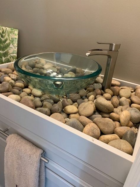 Rock Bathroom Ideas, River Rock Bathroom, Rock Bathroom, Concrete Vanity Top, Diy River Rock, Bathroom Makeover Ideas, Reclaimed Wood Desk, Using A Paint Sprayer, Intex Pool