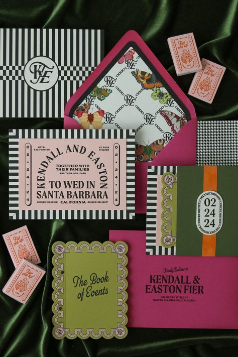 Kendall + Easton — EastRoseStudio Bold Invitation Design, Wedding Invite Color Palette, Nontraditional Wedding Invitations, Funky Invitation Design, Non Traditional Wedding Invitations, Funky Wedding Invites, Old Hollywood Wedding Invitations, Maximalist Wedding Invitations, Retro Wedding Stationery