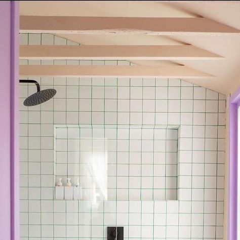 Lindsey Isla, Danish Bathroom, Green Grout, Small Bathroom Renos, Bathroom Grout, Colourful Bathroom, All Things Bright And Beautiful, Colorful Bathroom, Coloured Grout