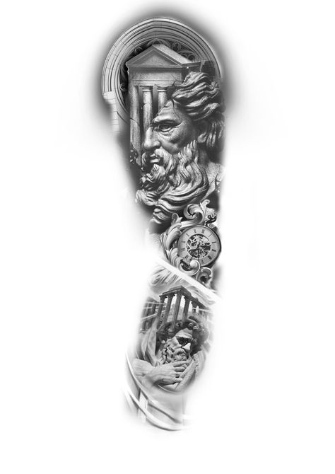 Roman Tattoo Sleeve Greek Gods, Roman Tattoos For Men Arm, Greek Mythology Buildings Tattoo, Greece Sleeve Tattoo, Greek Shoulder Tattoo Men, Greek Style Sleeve Tattoo, Greek Mythology Statue Tattoo, Greek Monsters Tattoo, Roman Empire Tattoo Ideas