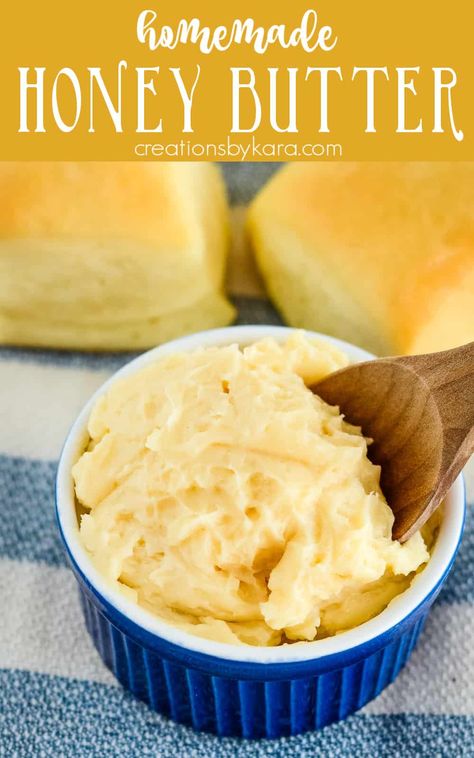 HOMEMADE HONEY BUTTER is a perfect spread for cornbread, muffins, homemade bread, and so much more! It's easy to whip up and stores well in the refrigerator. #honeybutter #sweetbutter @Creations by Kara Best Honey Butter Recipe, Sweet Butter Recipe, Homemade Honey Butter Recipe, Freezing Produce, Whipped Honey Butter, Muffins Homemade, Homemade Honey Butter, Honey Butter Recipe, Homemade Chocolate Truffles