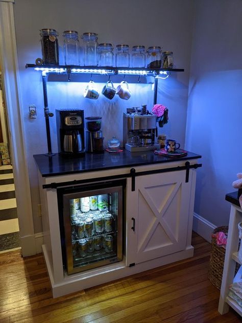 25 Coffee Station Ideas Any Barista Will Love | Displate Blog Coffee Table Station, Coffee Bar With Lights, Rental Coffee Station, Homemade Coffee Station, Coffee Nook Ideas Small Spaces Modern, Juice Bar Home Kitchens, Mini Tea Bar Ideas, Am To Pm Bar, Coffee Bar And Microwave Station