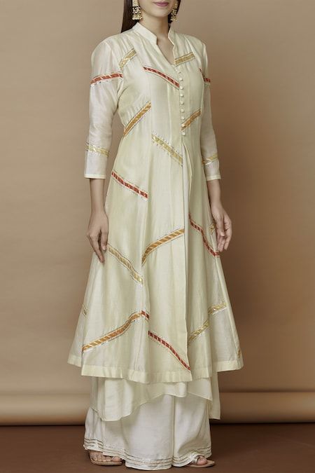 Buy Off White Chanderi Mandarin Collar Kurta Set For Women by Nachiket Barve Online at Aza Fashions. Chanderi Kurta, Designer Kurti Patterns, Long Kurti Designs, Pakistani Dresses Casual, Silk Kurta, Kurti Designs Party Wear, Kurti Neck Designs, Kurta Designs Women, Party Wear Indian Dresses