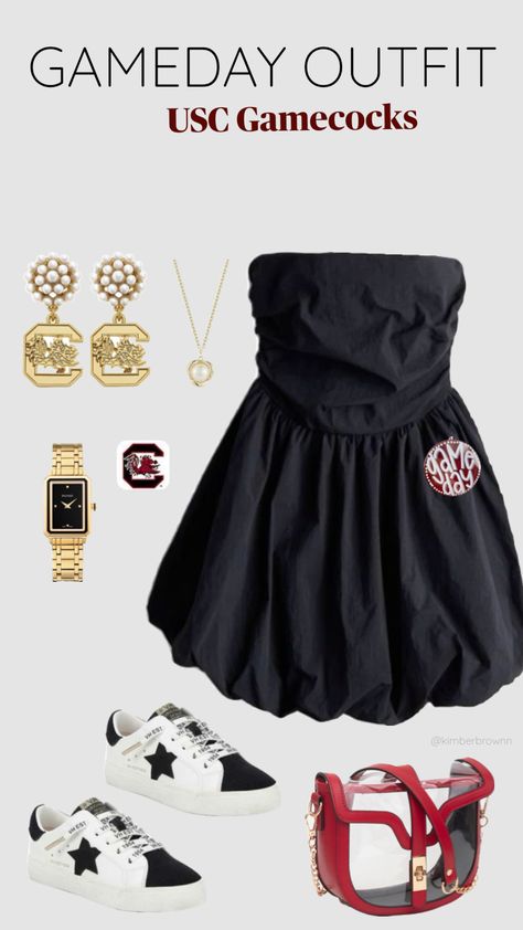 Gameday outfit inspiration for South Carolina Gamecocks 🤙🏻 #gameday #gamedayoutfit #gamecocks #usc #southcarolina #garnet #blackdress #outfit #outfitcollage Carolina Gamecocks Outfits, Gamecocks Football, Usc Gamecocks, College Fits, Outfit Collage, Carolina Gamecocks, South Carolina Gamecocks, Concert Fits, Football Outfits