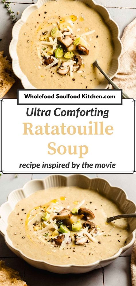 Inspired by the unforgettable soup moment in Disney's "Ratatouille," this recipe blends earthy potatoes, leeks, and mushrooms with a mix of herbs which results in a creamy ratatouille soup, reminiscent of Remy's culinary artistry. Ratatouille Soup, Ratatouille Film, Vegetarian Lentil Soup, Creamy Potatoes, Vegetarian Soup Recipes, Soup And Stew, Vegetarian Soup, Aromatic Herbs, Disney Movie